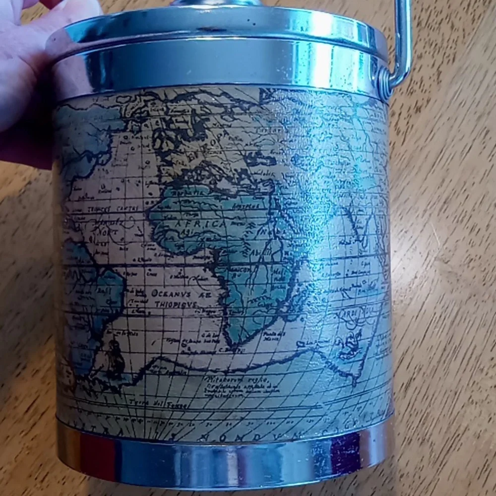 Vintage Old World Map Ice Bucket Mid Century Barware